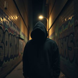 A mysterious man wearing a black hoodie stands in a dimly lit urban alleyway, casting a silhouette against the graffiti-covered walls