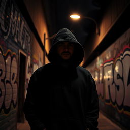 A mysterious man wearing a black hoodie stands in a dimly lit urban alleyway, casting a silhouette against the graffiti-covered walls