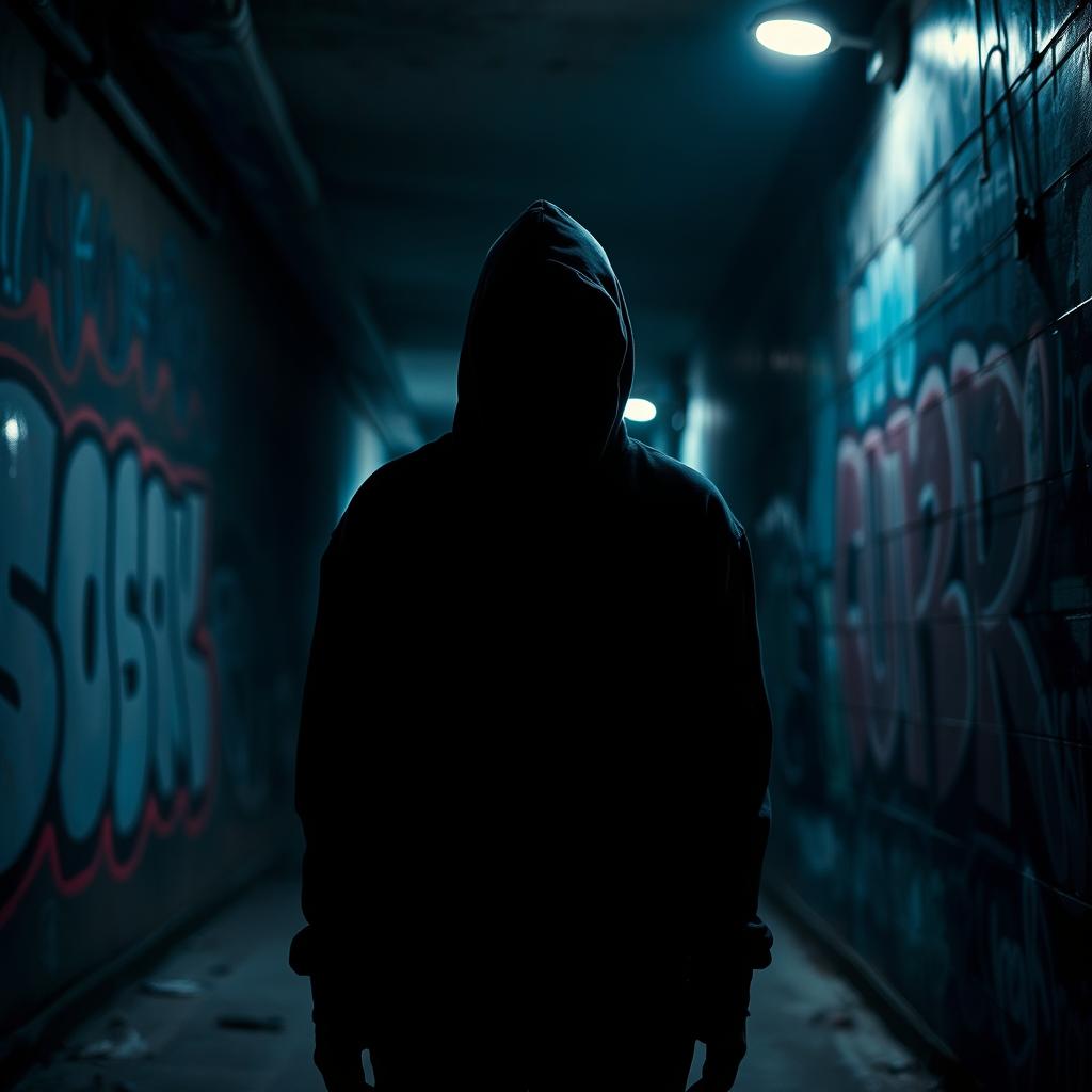 A mysterious man wearing a black hoodie stands in a dimly lit urban alleyway, casting a silhouette against the graffiti-covered walls