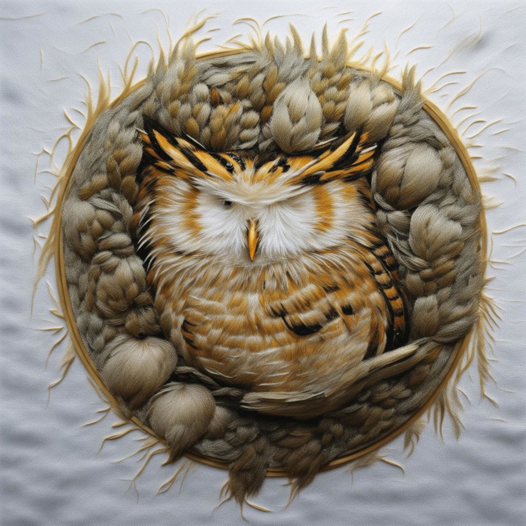 This is a high-quality image of a unique embroidery artwork, depicting a resting forest owl nestled amongst the leaves of a tree