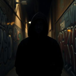 A mysterious man wearing a black hoodie stands in a dimly lit urban alleyway, casting a silhouette against the graffiti-covered walls