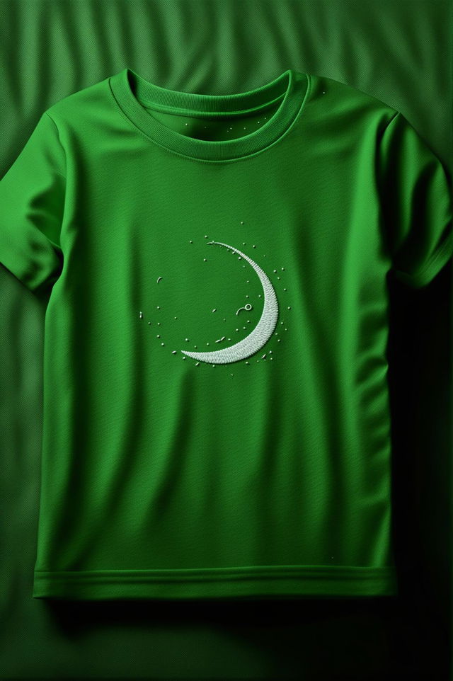 A high-quality digital art image of a vibrant green t-shirt with a small embroidered chest logo of a crescent moon