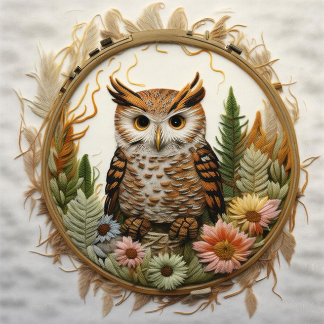 This is a high-quality image of a unique embroidery artwork, featuring a playful forest owl hopping between branches against a vibrant forest background