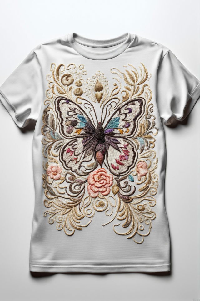 A high-quality digital art image of a white t-shirt adorned with intricate embroidery