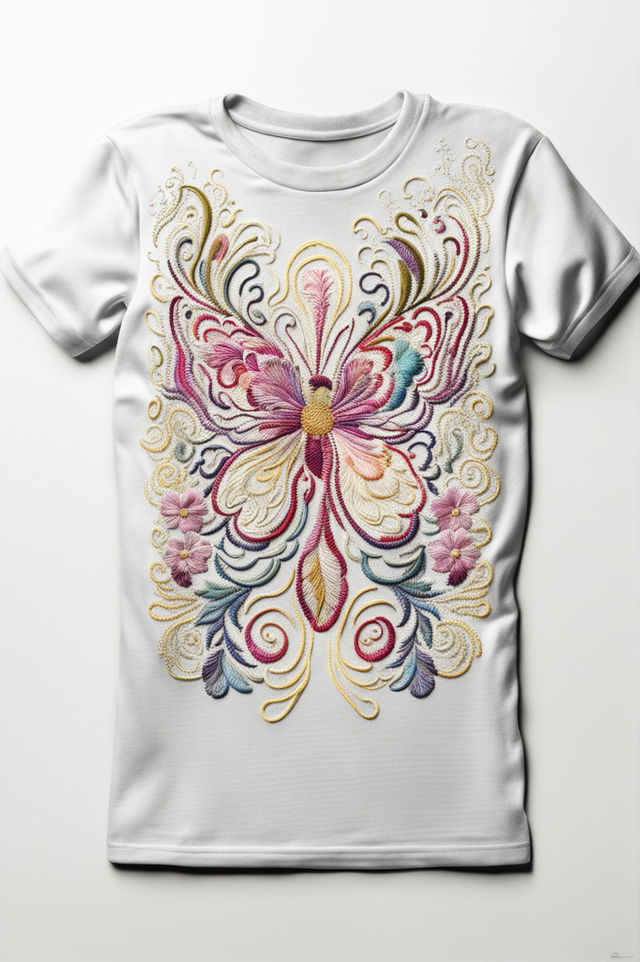 A high-quality digital art image of a white t-shirt adorned with intricate embroidery