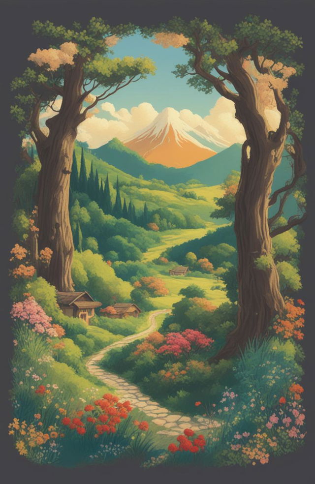 A high-quality digital art image of a t-shirt with an embroidered landscape in the style of Studio Ghibli