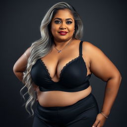 A striking image of a 55-year-old Indian plus-size woman, embodying the characteristics of a buxom and passionately voluptuous 'cougar'