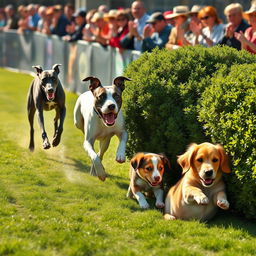 A vibrant and dynamic dog race scene featuring four distinct dogs: Rex, a sleek and elegant greyhound, is leading the race with unmatched speed, showcasing his streamlined body