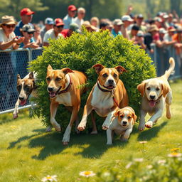 A vibrant and dynamic dog race scene featuring four distinct dogs: Rex, a sleek and elegant greyhound, is leading the race with unmatched speed, showcasing his streamlined body