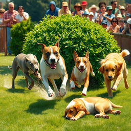 A vibrant and dynamic dog race scene featuring four distinct dogs: Rex, a sleek and elegant greyhound, is leading the race with unmatched speed, showcasing his streamlined body
