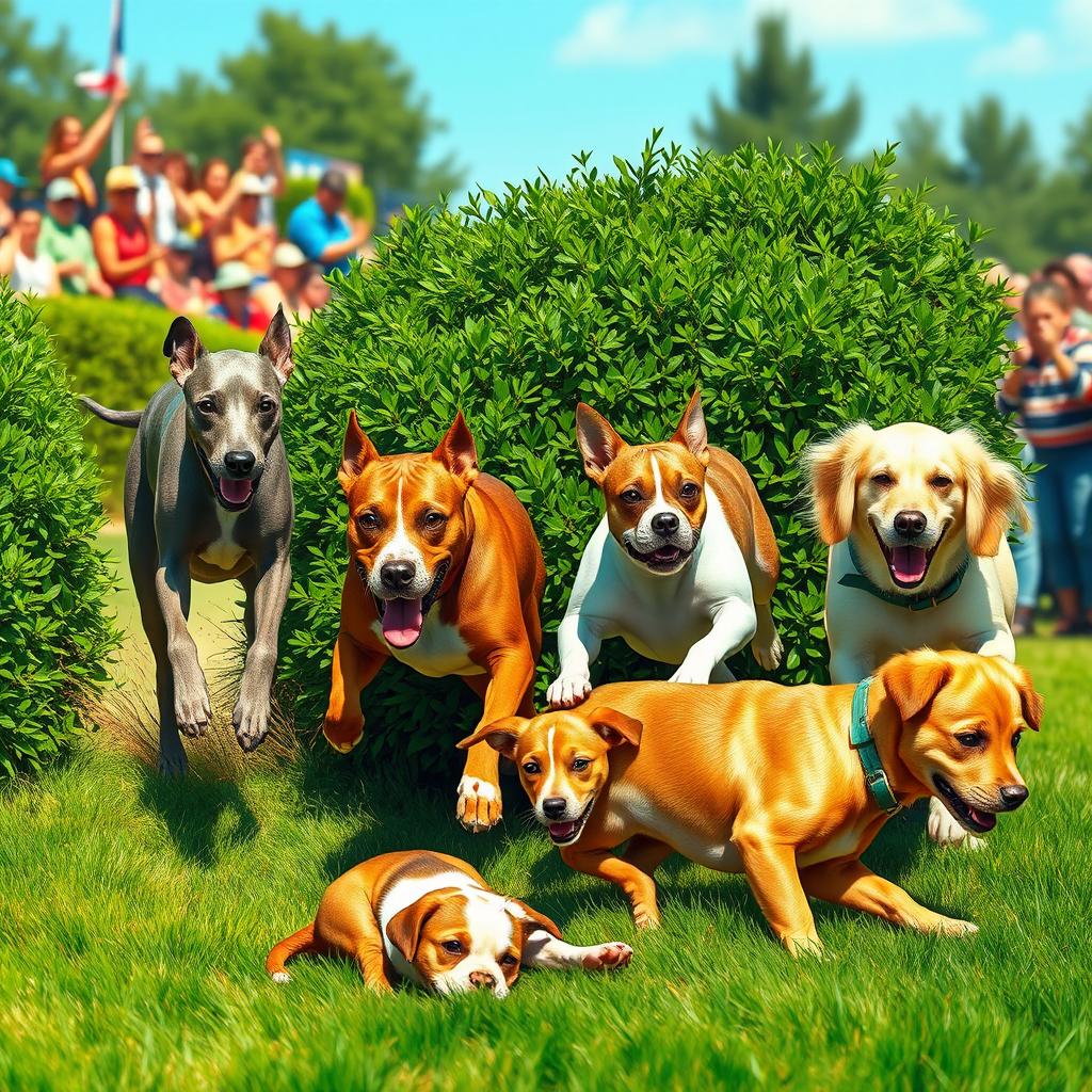 A vibrant and dynamic dog race scene featuring four distinct dogs: Rex, a sleek and elegant greyhound, is leading the race with unmatched speed, showcasing his streamlined body