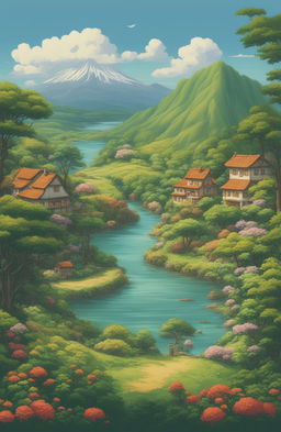 A high-quality digital art image of a t-shirt with an embroidered landscape in the style of Studio Ghibli