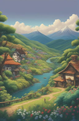 A high-quality digital art image of a t-shirt with an embroidered landscape in the style of Studio Ghibli