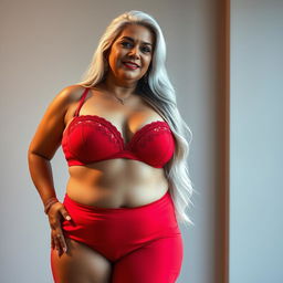 A stunning portrayal of a 55-year-old Indian plus-size woman, embodying the essence of a buxom and passionately voluptuous 'cougar'