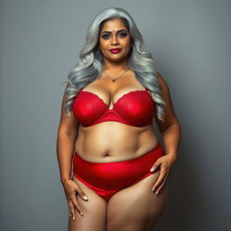 A stunning portrayal of a 55-year-old Indian plus-size woman, embodying the essence of a buxom and passionately voluptuous 'cougar'