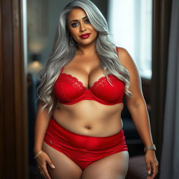 A stunning portrayal of a 55-year-old Indian plus-size woman, embodying the essence of a buxom and passionately voluptuous 'cougar'