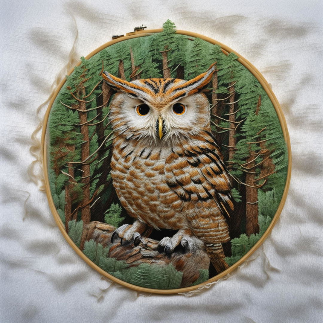 This is a high-quality image of a unique embroidery artwork featuring a forest owl in a hunting stance against a detailed forest background at dusk