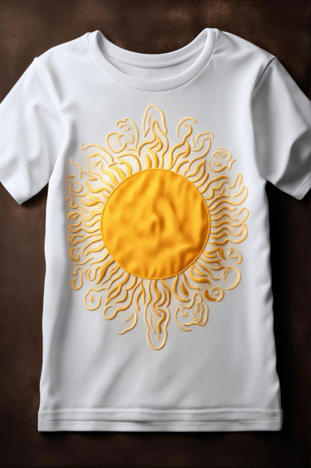 A high-quality digital art image of a white t-shirt with an embroidered sun design