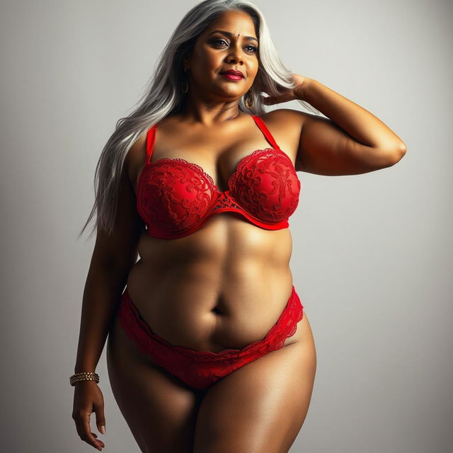 A captivating image of a 55-year-old Indian plus-size woman, showcasing her buxom and passionately voluptuous figure as a 'cougar'