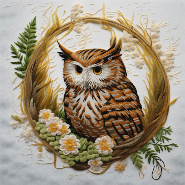 This is a high-quality image of a unique embroidery artwork, featuring a playful forest owl against a vibrant forest background