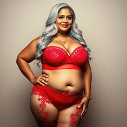 A captivating image of a 55-year-old Indian plus-size woman, showcasing her buxom and passionately voluptuous figure as a 'cougar'