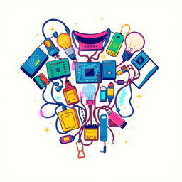 A vibrant and eye-catching t-shirt design featuring a variety of electrical equipment including circuit boards, light bulbs, wires, and batteries