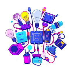 A vibrant and eye-catching t-shirt design featuring a variety of electrical equipment including circuit boards, light bulbs, wires, and batteries