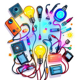 A vibrant and eye-catching t-shirt design featuring a variety of electrical equipment including circuit boards, light bulbs, wires, and batteries