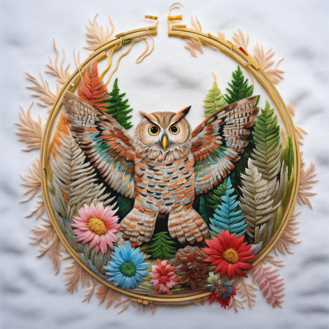 This is a high-quality image of a unique embroidery artwork featuring a majestic forest owl preparing for flight, set against a lively forest background