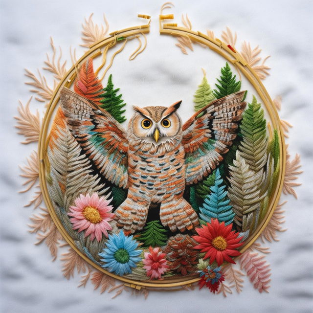 This is a high-quality image of a unique embroidery artwork featuring a majestic forest owl preparing for flight, set against a lively forest background