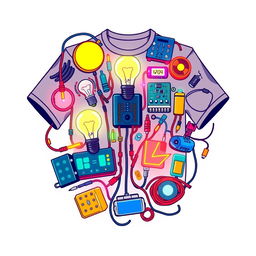 A vibrant and eye-catching t-shirt design featuring a variety of electrical equipment including circuit boards, light bulbs, wires, and batteries