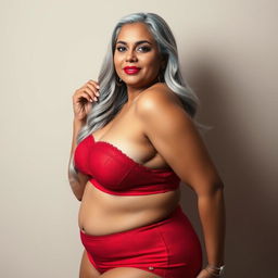 A captivating image of a 55-year-old Indian plus-size woman, exuding the essence of a buxom and passionately voluptuous 'cougar'