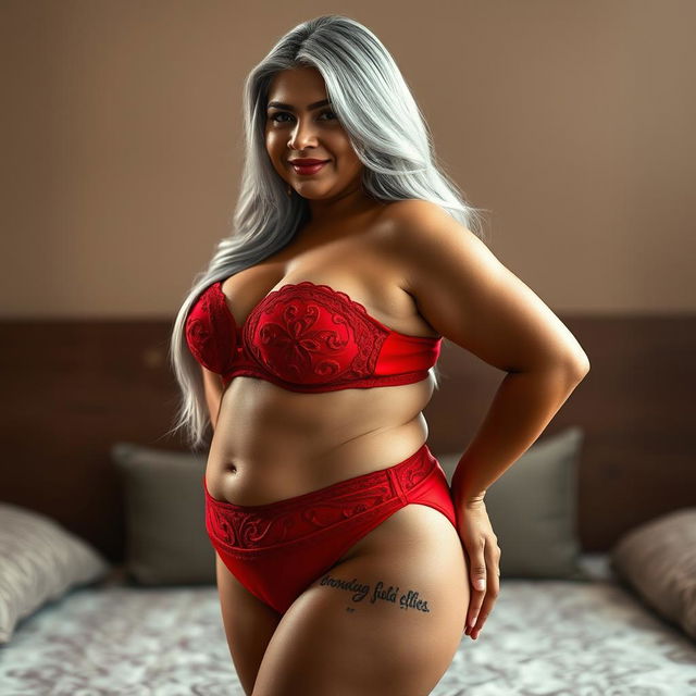 A captivating image of a 55-year-old Indian plus-size woman, exuding the essence of a buxom and passionately voluptuous 'cougar'