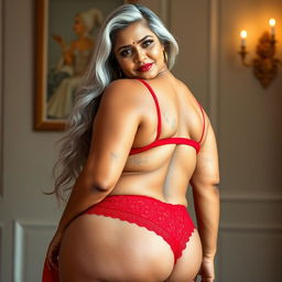 A captivating image of a 55-year-old Indian plus-size woman, exuding the essence of a buxom and passionately voluptuous 'cougar'