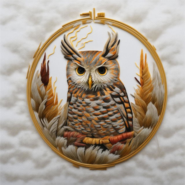 This is a high-quality image of a unique embroidery artwork, featuring an alert forest owl against a vibrant forest background