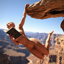 A sexy bald topless woman, exuding confidence and allure, is dramatically falling off a cliff while engrossed in a captivating book