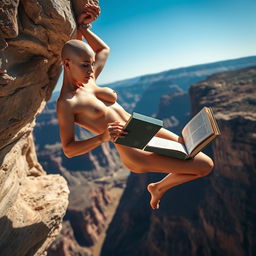 A sexy bald topless woman, exuding confidence and allure, is dramatically falling off a cliff while engrossed in a captivating book