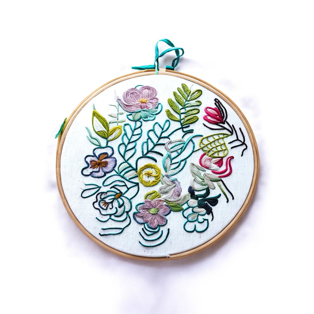 A high-definition image of a wooden embroidery hoop with simple, vibrant designs on a white fabric