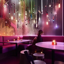 A modern, aesthetically pleasing restaurant featuring stylish decor, a unique dining space, and an Instagrammable selfie wall embellished with colorful murals, twinkling fairy lights, and trendy props.