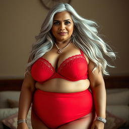 An enchanting image of a 55-year-old Indian plus-size woman, characterized as a buxom and passionately voluptuous 'cougar'