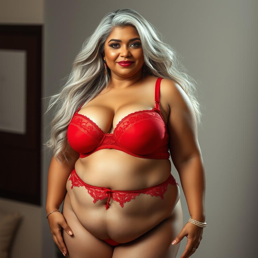 An enchanting image of a 55-year-old Indian plus-size woman, characterized as a buxom and passionately voluptuous 'cougar'