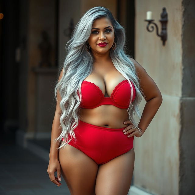 An enchanting image of a 55-year-old Indian plus-size woman, characterized as a buxom and passionately voluptuous 'cougar'