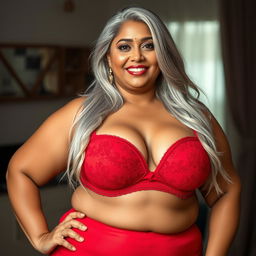 An enchanting image of a 55-year-old Indian plus-size woman, characterized as a buxom and passionately voluptuous 'cougar'