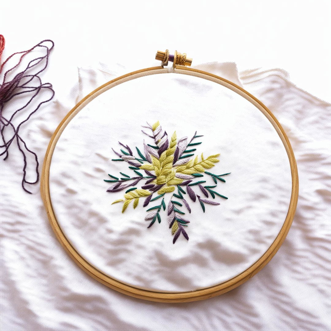 A high definition image of a simple yet elegant embroidery design on a hoop, set against a white background