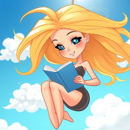 A sexy blonde cartoon woman with long flowing hair falling gracefully through a bright blue sky, fully engaged in reading a book