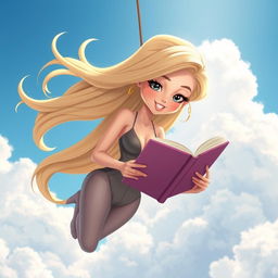 A sexy blonde cartoon woman with long flowing hair falling gracefully through a bright blue sky, fully engaged in reading a book