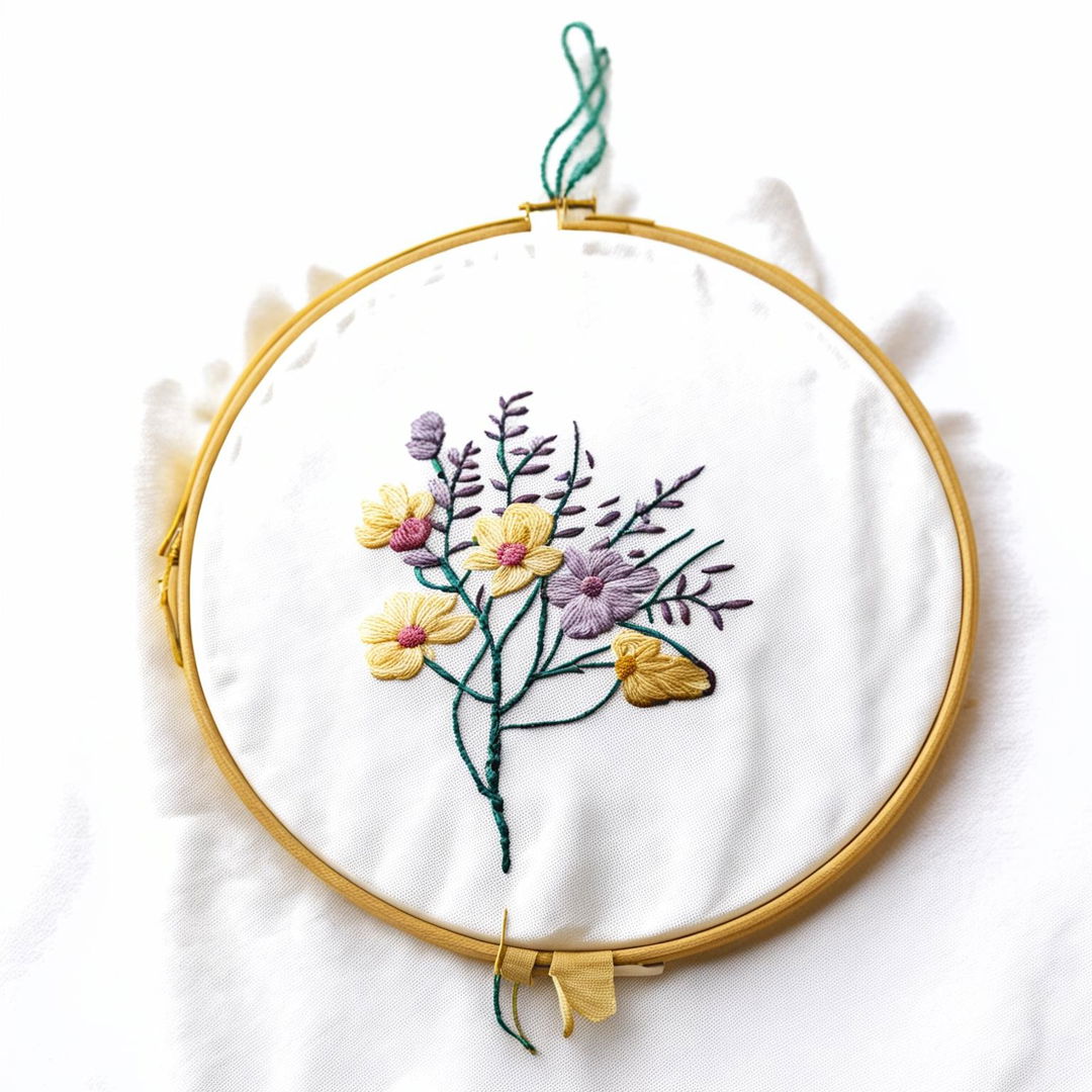 A high-definition image featuring a simple yet elegant embroidery design on a hoop, set against a white background