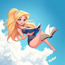 A sexy blonde cartoon woman with long flowing hair falling gracefully through a bright blue sky, fully engaged in reading a book