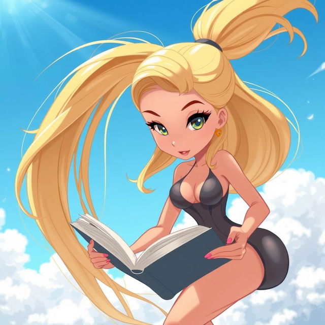 A sexy blonde cartoon woman with long flowing hair falling gracefully through a bright blue sky, fully engaged in reading a book