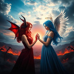 A captivating cover photo for a Wattpad story depicting the unique love between Mina, a beautiful female devil with elegant, dark horns and fiery red hair, and Sapphire, a radiant female angel with delicate white wings and flowing blue hair